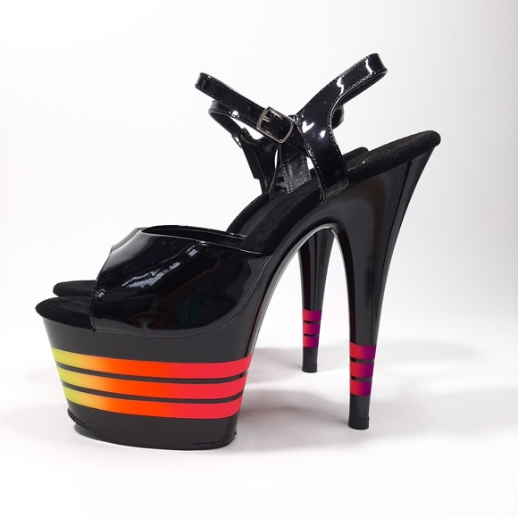 Pleaser Adore 709UVLN Black Patent and Neon Platform Heels Size 11 - Picture 3 of 12